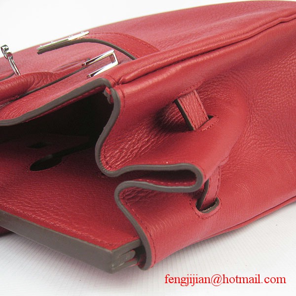 Hermes 35cm Embossed Veins Leather Bag Red 6089 Silver Hardware